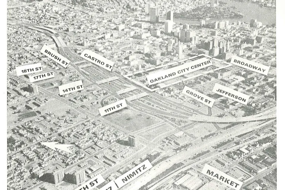 A historic image of the various highways and transportation modes planned around the create of Interstate 980 in Oakland, California.